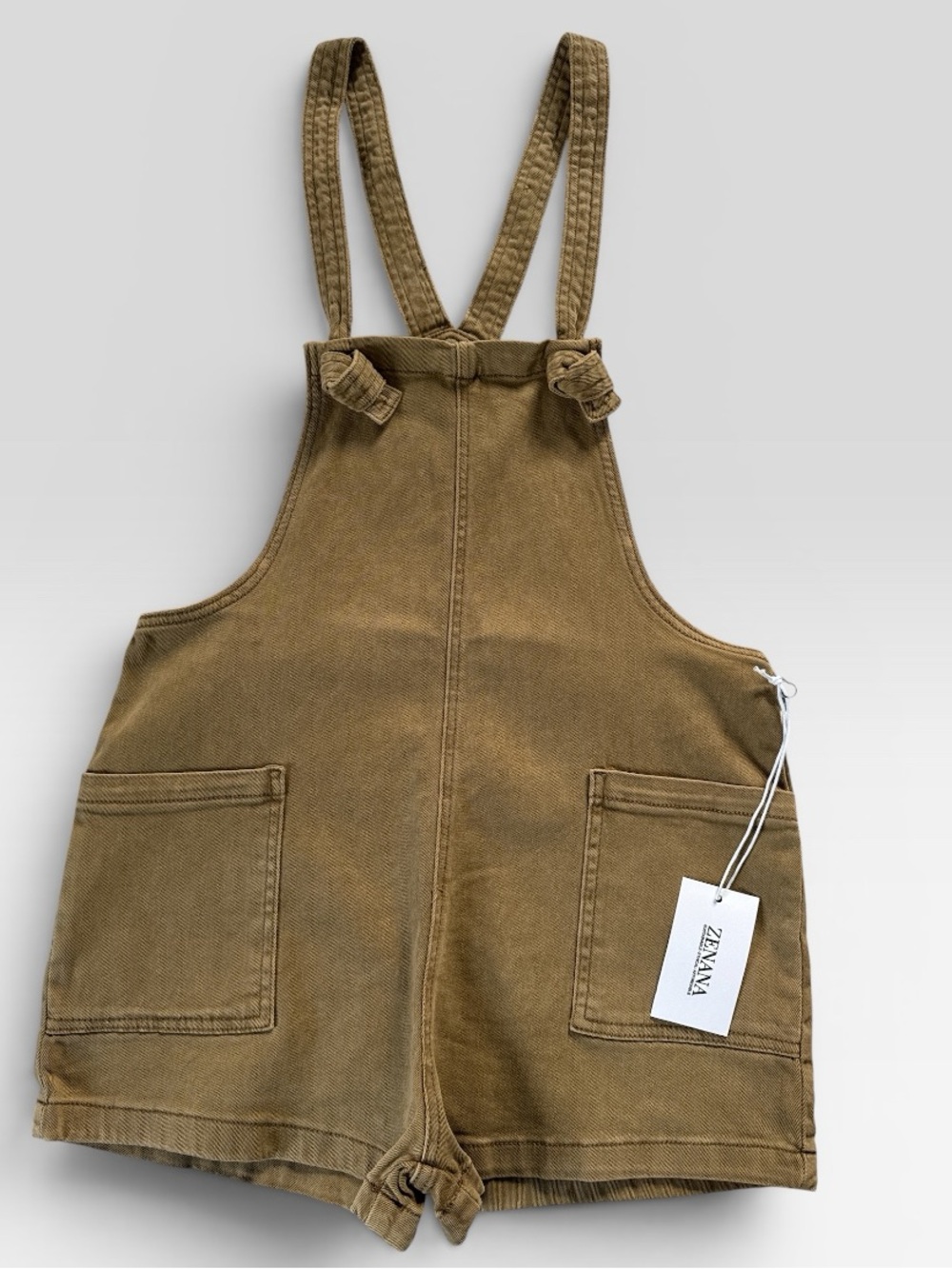 Zenana Camel Acid Wash Cotton Short Overall Romper